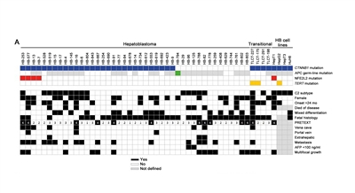 Chart showing the distribution of CTNNB1, APC, NFE2L2, and TERT mutations for hepatoblastoma.